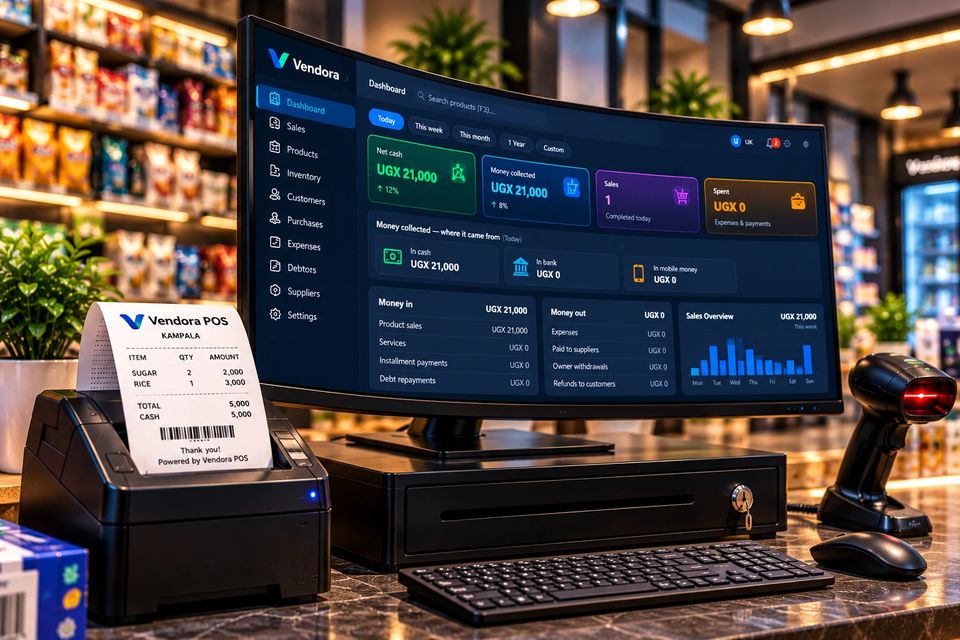 Vendora POS at a shop counter: the dashboard on screen showing today's cash, money collected and sales, with a receipt printer, cash drawer and barcode scanner